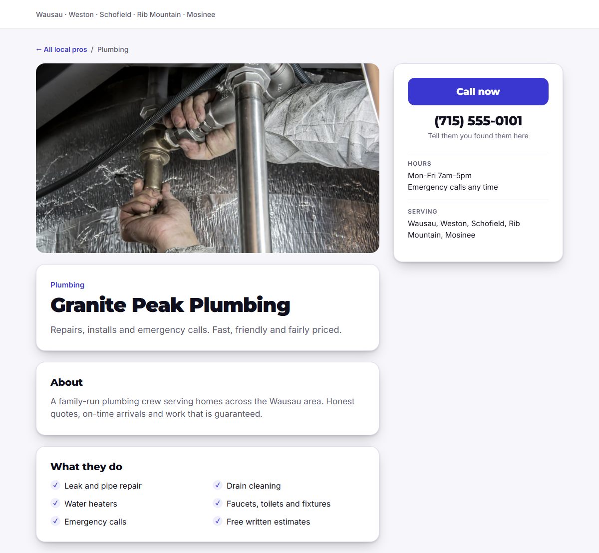 Mockup of a business page with services and a call button