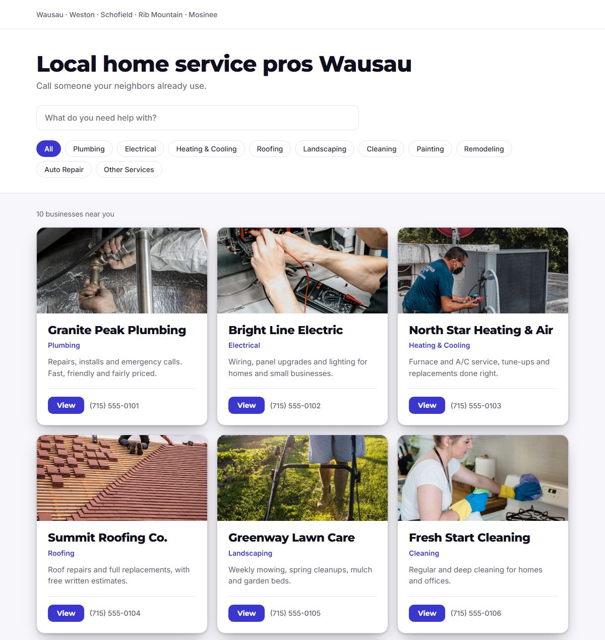 Mockup of the shared page of Wausau-area service businesses